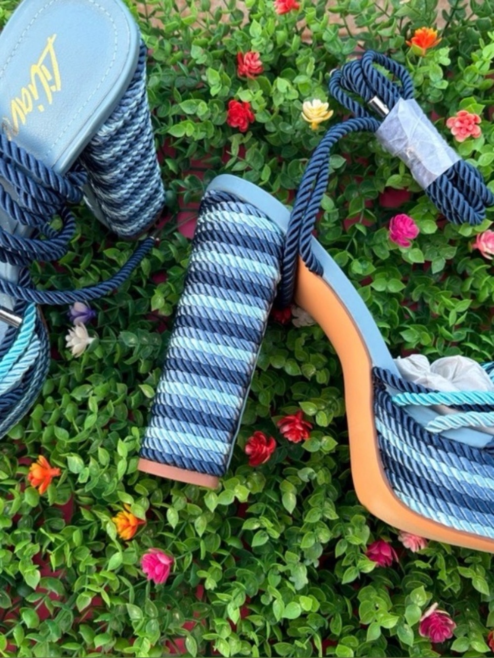 Multi color Blue Rope Platform Ankle-Wrap Heels Size 11 - Picture 2 of 6
